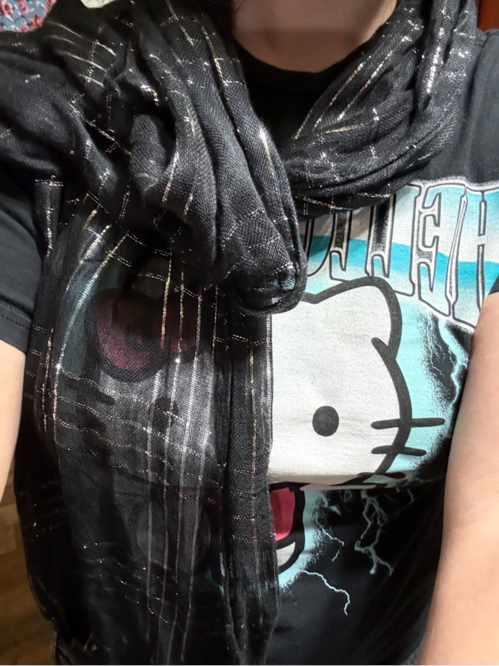 Black Sheer Scarf with Metallic Threading